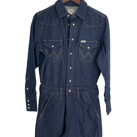 Wrangler Trouser Coverall Jumpsuit S Blue Denim Pearl Snap Flared Leg Western - Picture 4 of 8